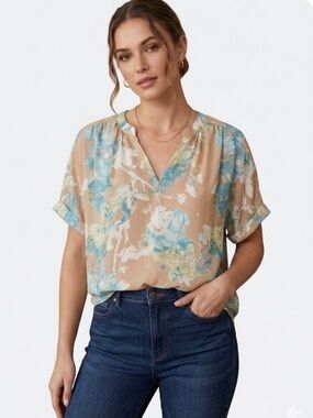 Worthington Beige Floral V-Neck Blouse with Blue Accents